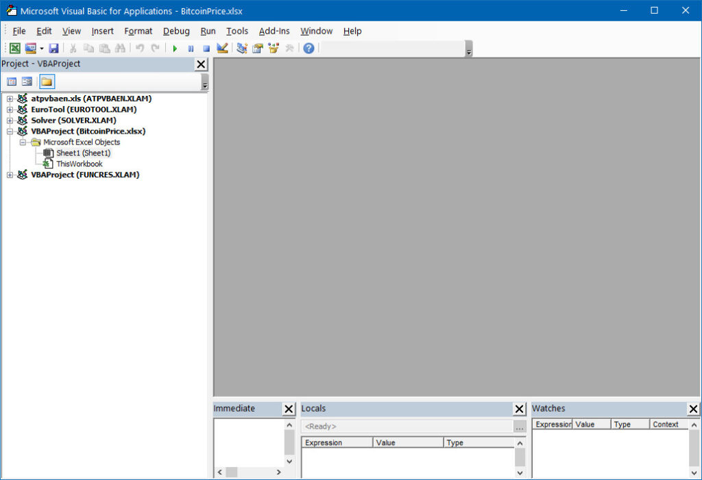 Fig. 2 - Visual Basic Editor (VBE) development environment for development in Visual Basic For Application (VBA)